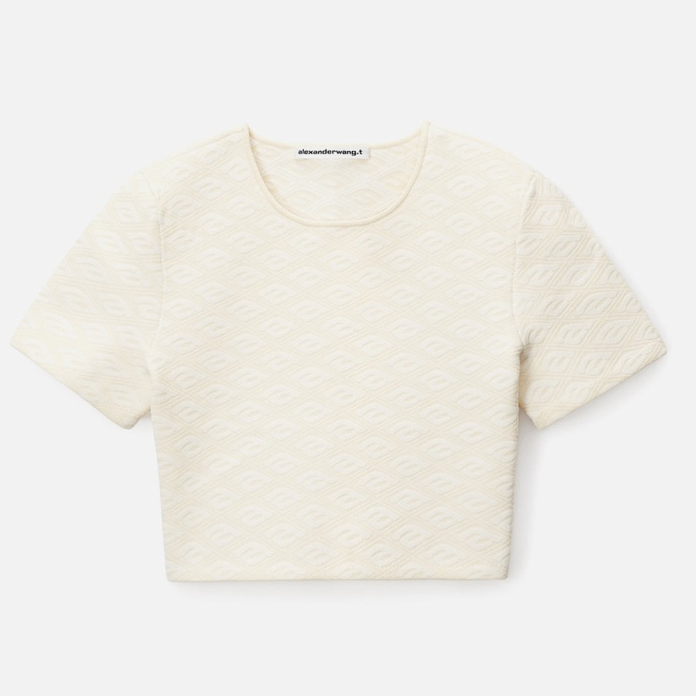 NWT Alexander Wang Skewed Logo Jacquard Cropped Baby Tee In Creamy Bone Size M